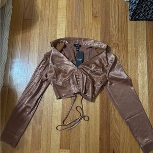 Brown Satin Crop Top with Lace Back